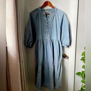 Heritage Denim Ruffle Collar Tiered Dress 100% Cotton L